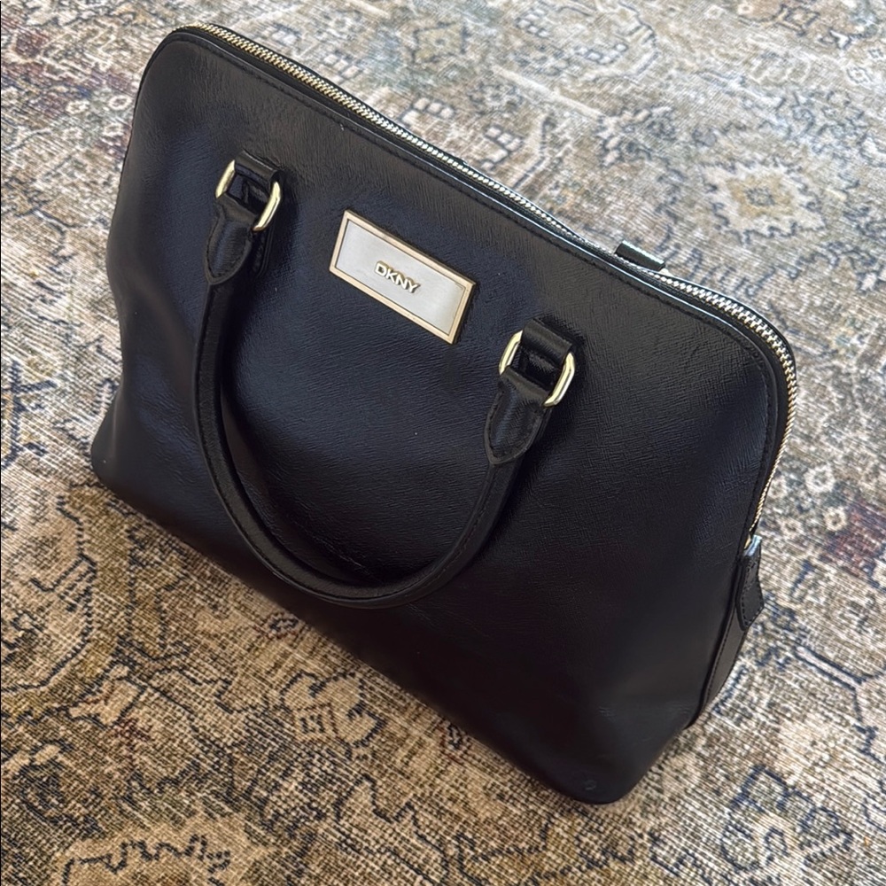 DKNY Black Leather Tote with Gold Details